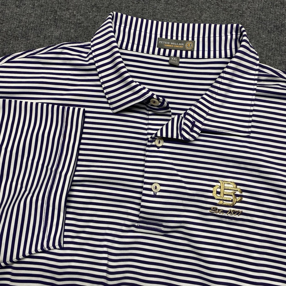 Peter Millar Polo Shirt Mens 2XL Summer Comfort Blue Striped Logo *READ*